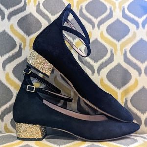 Kate Spade Marcellina black suede with gold glitter heel.
